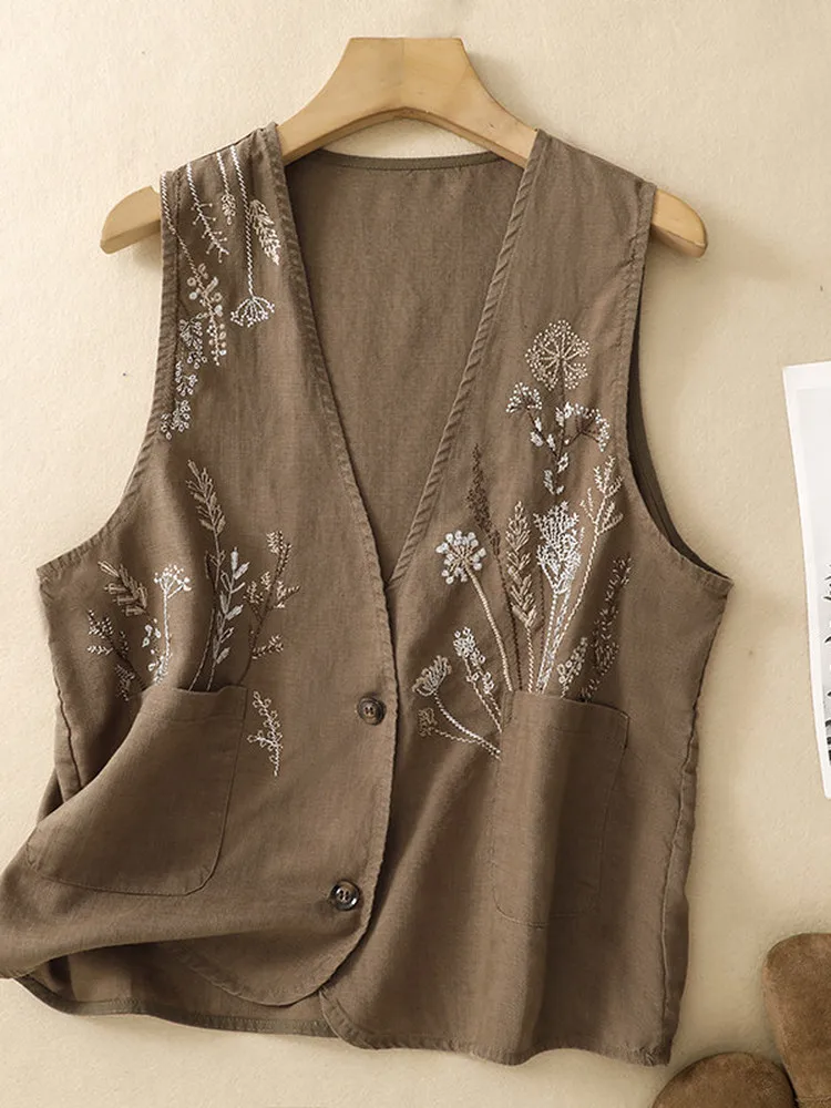 Elegant Embroidered Cotton Linen V-Neck Tank Top Women Summer Thin Outerwear Open Cardigan Shoulder Slimming Linen Shirt