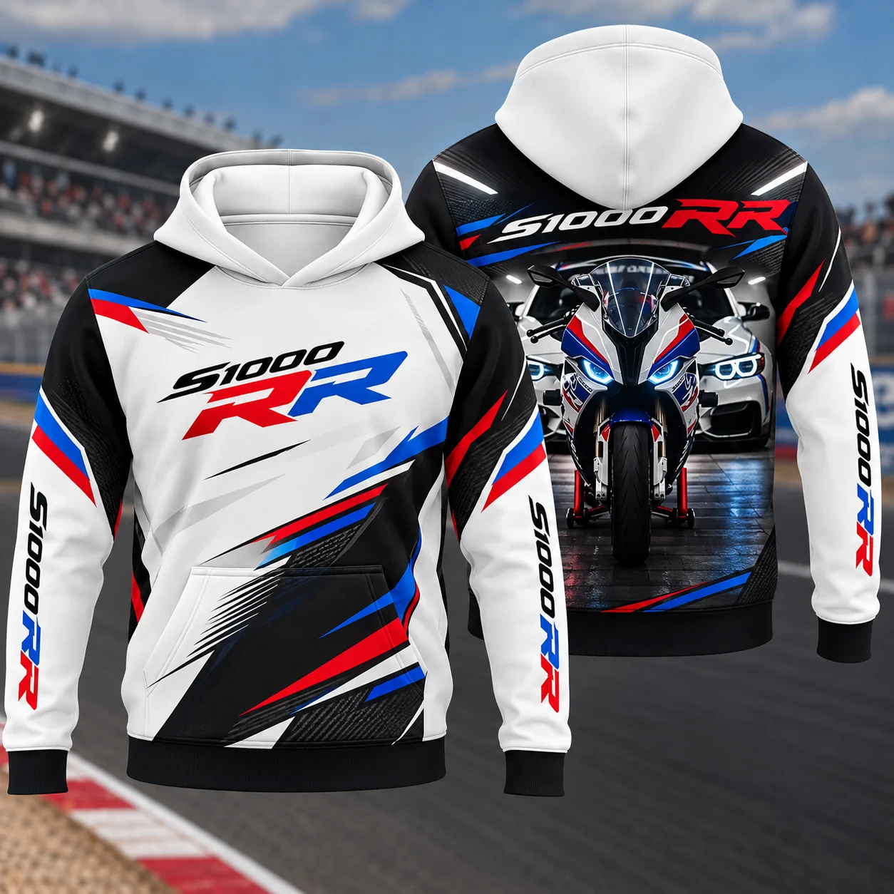 Men BMW Motorrad S1000RR Motorcycle Graphic Hoodie Full Print Biker Hooded Sweatshirt Racing Style Outdoor Rider Wear