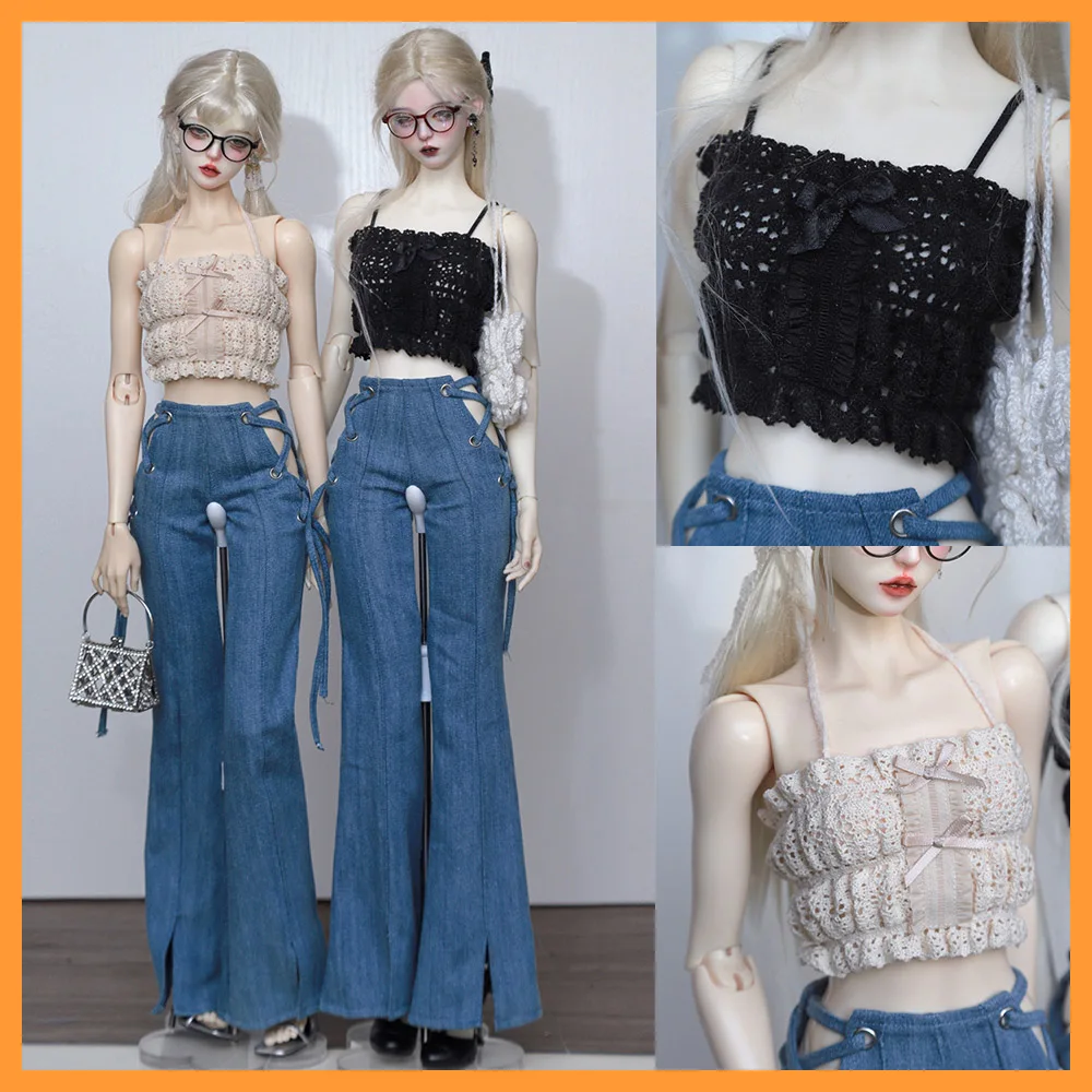 1/4 1/3 Scale BJG Dolls Clothes Lace Hollow Suspender Vest Sexy Slim Low Waisted Jeans Denim Flare Bottoms Model ﻿