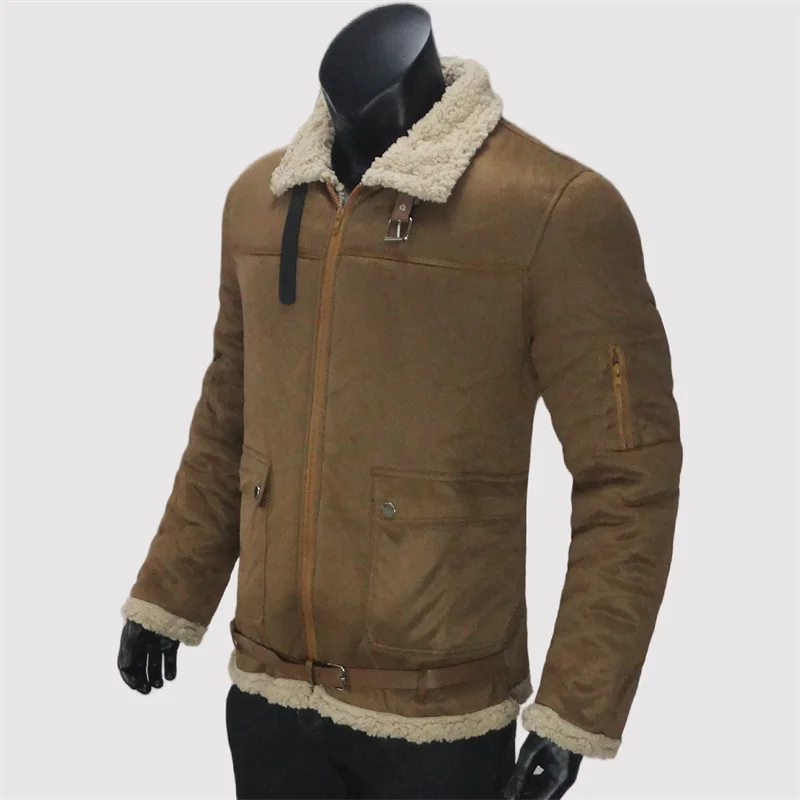 Doublure en fausse fourrure doublée de laine d'agneau pour hommes, vestes de motard, manteau d'extérieur pour hommes, sourire, chaud, revers optique, hiver