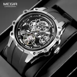 MEGIR Skeleton Dial Automatic Mechanical Watches for Men Fashion Stainless Steel Cased Silicone Strap Luminous Wristwatch 2243