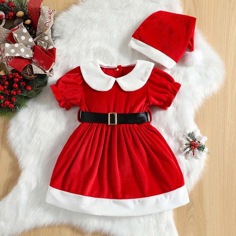 0-4Y Toddler Baby Girl Christmas Dress Santa Claus Dress Red Velvet Long Sleeve Tulle Princess Dress with Headband Outfit