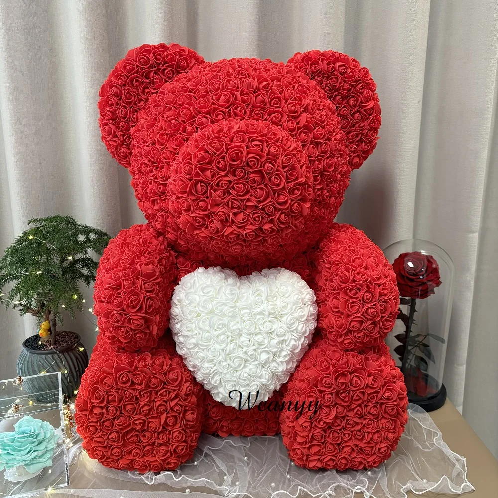 Ourson en roses artificielles, 70cm, fausses fleurs, pour un mariage, une fête, pour la maison, pour la fête de Léon, pour un cadeau d\'anniversaire