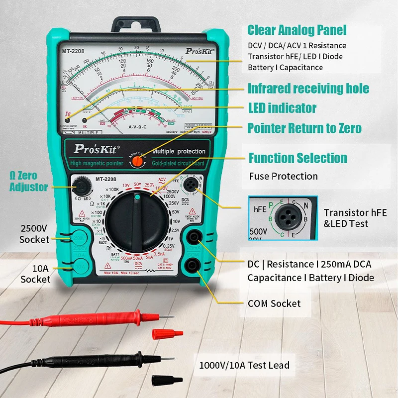 Pro'sKit MT-2207 MT-2208 Pointer Type Anti-fog 3-purpose Electric Meter Internal Magnetic High-precision Multimeter 1000V/10A