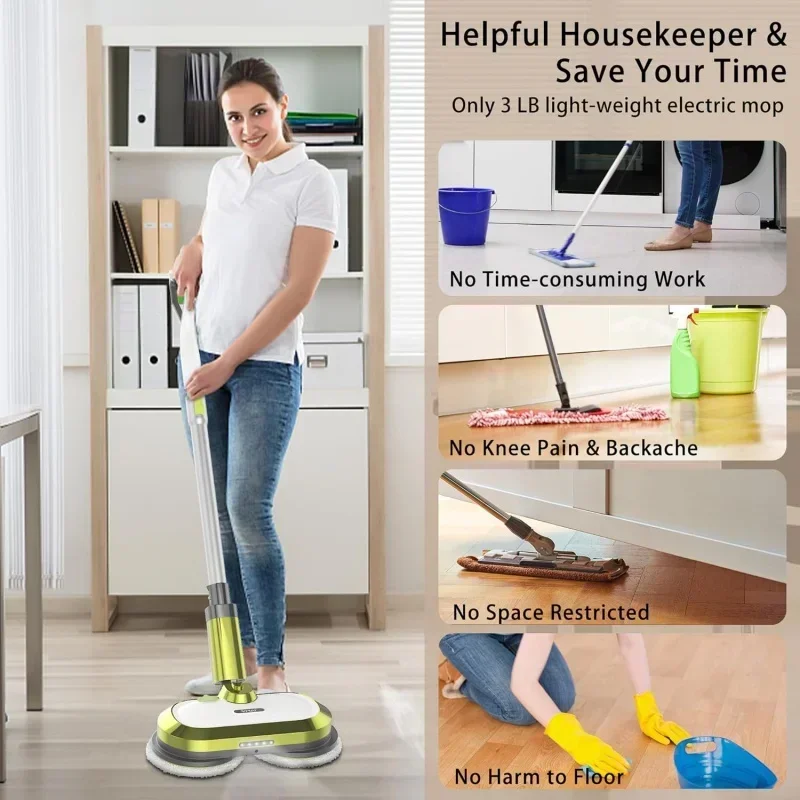 QWCordles-fregona giratoria eléctrica, limpiador de suelos de 60 minutos con tanque de agua de 300ml, pulidora para madera dura, suelos de azulejos, limpieza y cera silenciosas