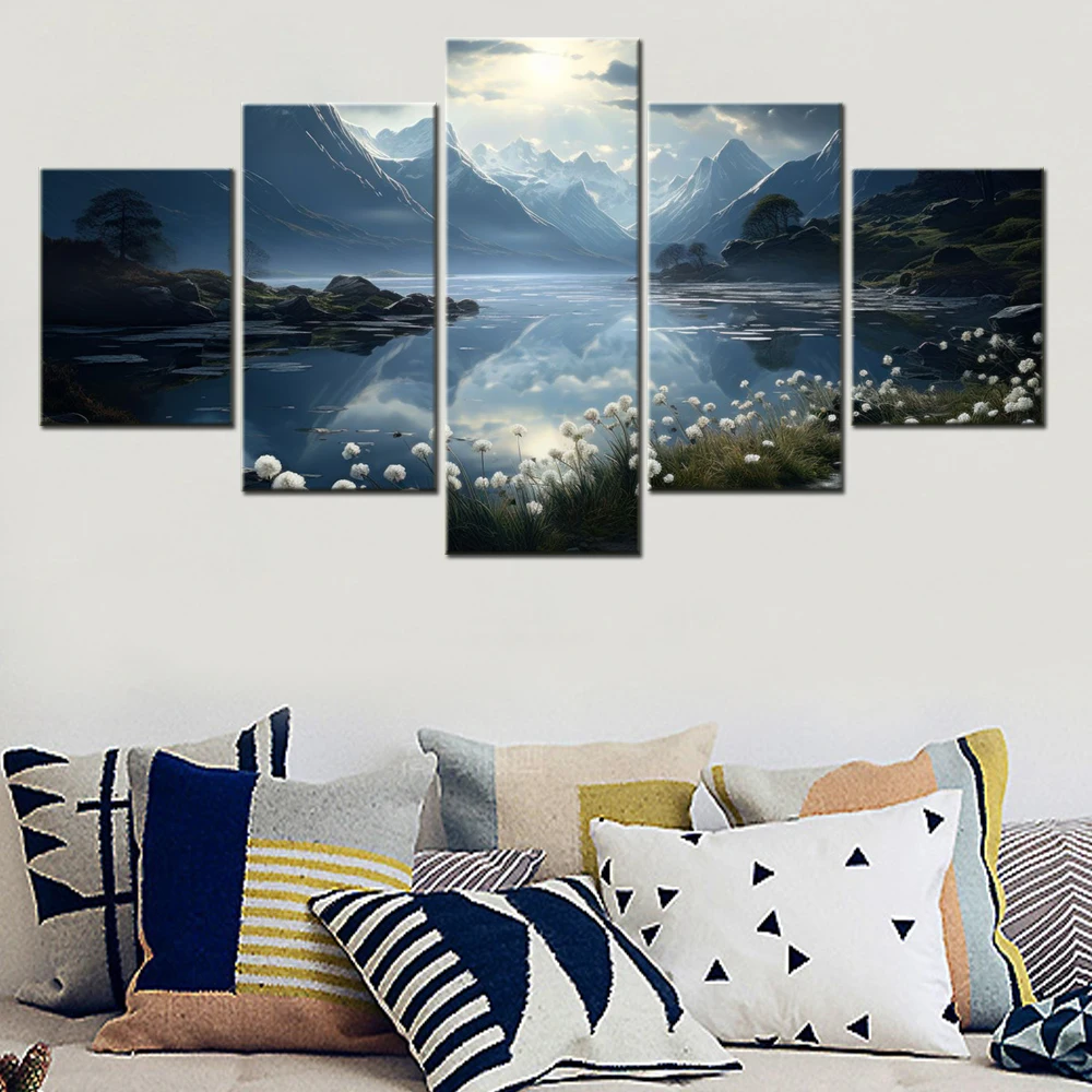 5 Panels Wall Canvas Picture Painting Nature Alpine lake Moonlight Wallpaper Home Decorative Poster For Bedroom Mural Modern Art