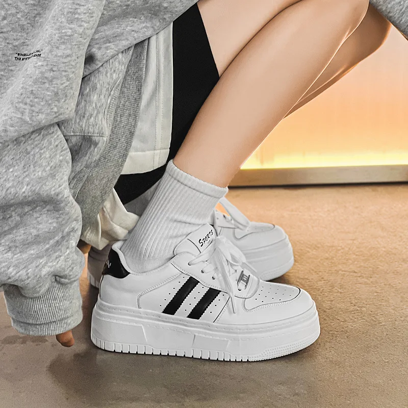 Women Split Leather Patchwork Shoes Casual Platform Shoes Woman Chunky Sneakers Ladies Sports White Tenis Feminino Spring