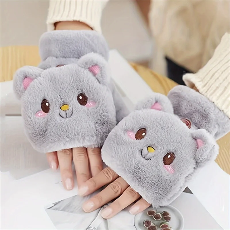 Fashion Women Plush Warm Glove Fur Rabbit Cat Mittens Flip Fingerless Gloves Soft Girls Thick Flexible Half Finger Winter Gloves