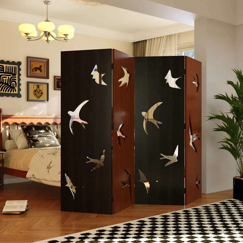 3-panel wooden room divider with swallow cutout, folding privacy screen partition for living room bedroom art partition