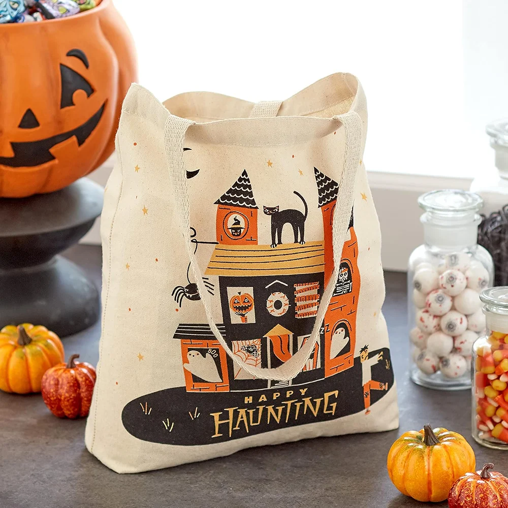 Large Halloween Trick or Treat Bats and Spiders Tote Bag Reusable Canvas Bag Trick or Treating Grocery Shopping Party Supplies