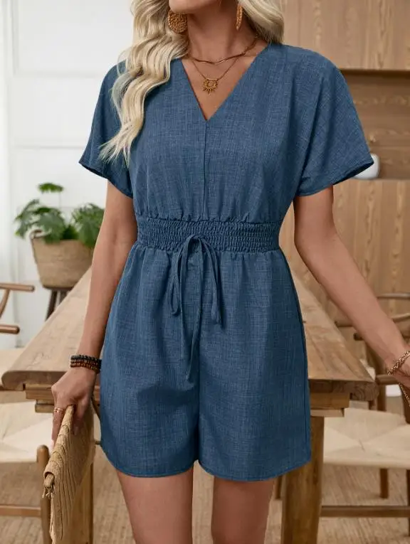 Jumpsuit Women 2026 Spring Summer New Versatile Solid Color Casual Waist Cinched Shirred Short Sleeved V-Neck Daily Romper