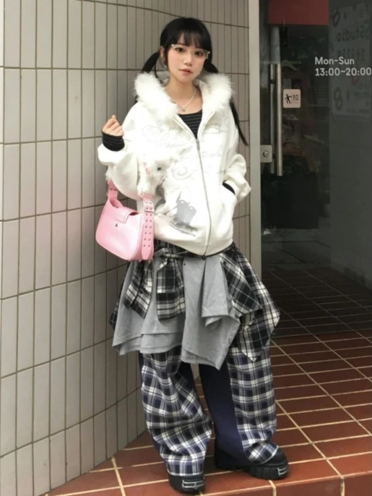 American Y2k Light Fur Collar Subculture Retro Sweatshirt Women's Autumn Winter High-end Hooded Cardigan Loose Gothic Jacket