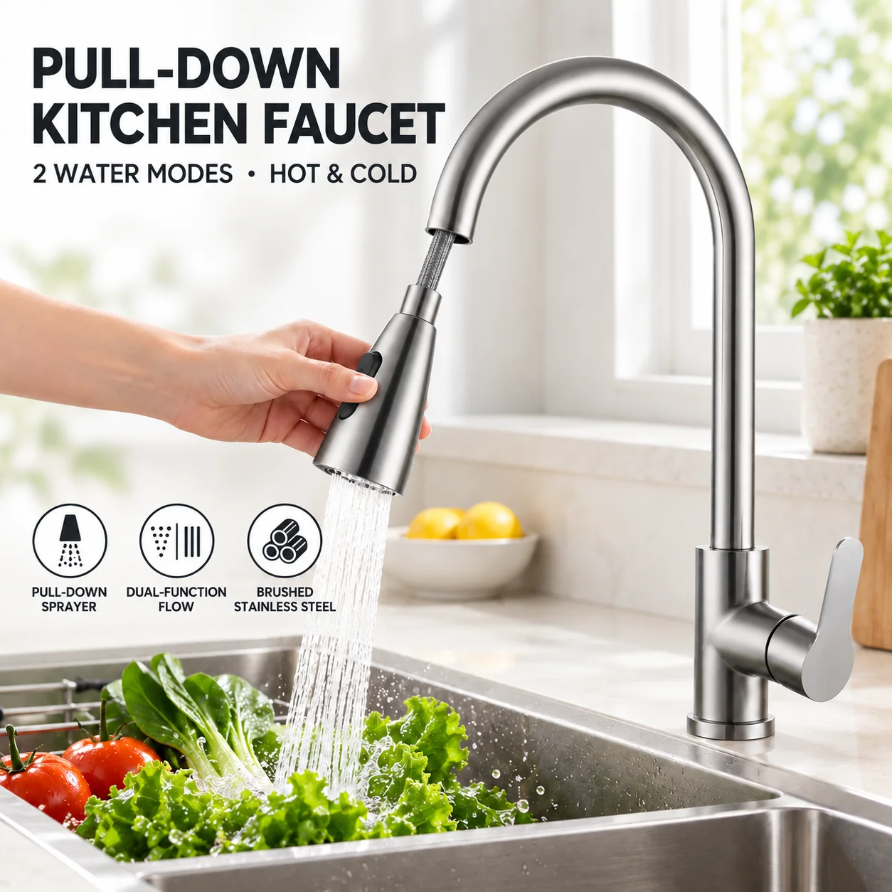 Pull Down Kitchen Faucet, Stainless Steel Hot and Cold Sink Mixer Tap, 2-Mode Pull Out Spray Head, Single Handle Swivel Spout
