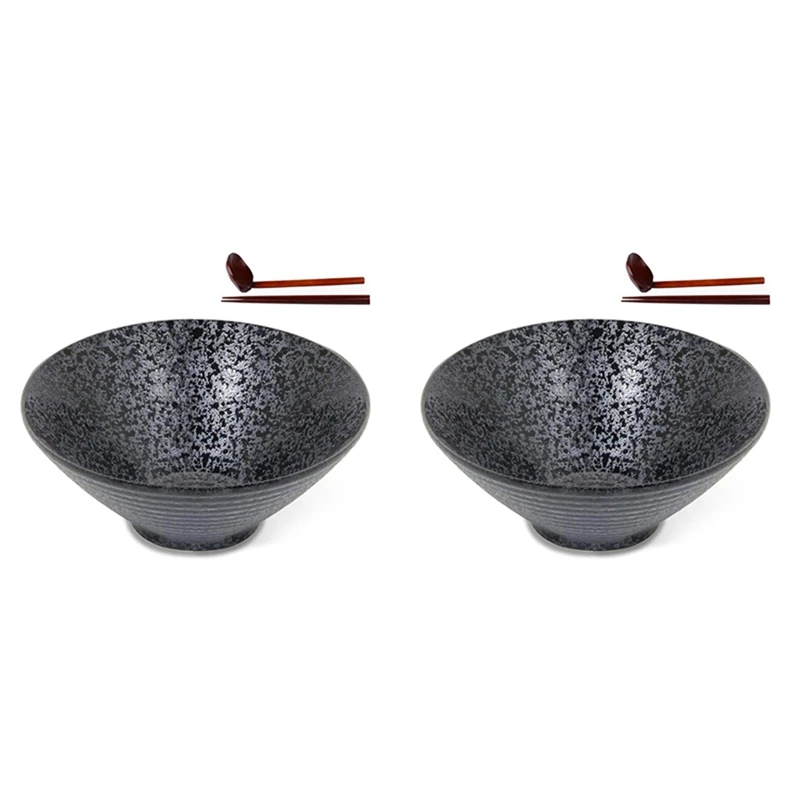 2X Ceramic Japanese Ramen Soup Bowl With Matching Spoon And Chopsticks, Suitable For Udon, Soba, Large Size