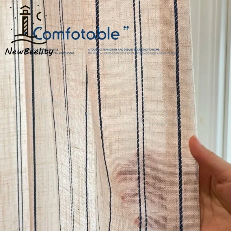 

Wind Trace Yarn Striped Curtain Linen Tulle Curtains for Living Dining Room Bedroom Transparent Light Not Transparent People