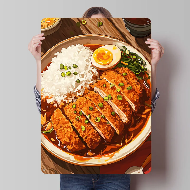 Letrero Metálico Vintage Personalizado con Diseño de Curry Japonés Katsu con Arroz y Huevo, Decoración de Pared Retro, Placa de Estaño para Decoración de Escritorio