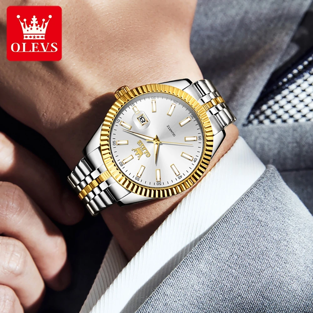 OLEVS-reloj analógico de acero inoxidable para hombre, accesorio de pulsera de cuarzo resistente al agua con calendario, complemento masculino de marca de lujo con diseño Original y luminoso