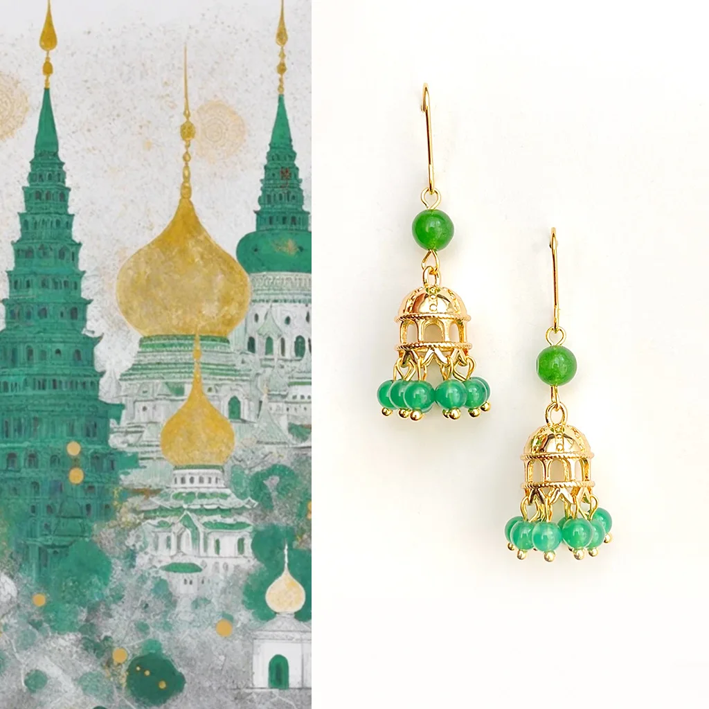 

Handmade Original Design Vintage Green Agate Stone 18k Gold Plated Dunhuang Castle Tassel Retro Drop Earrings for Women