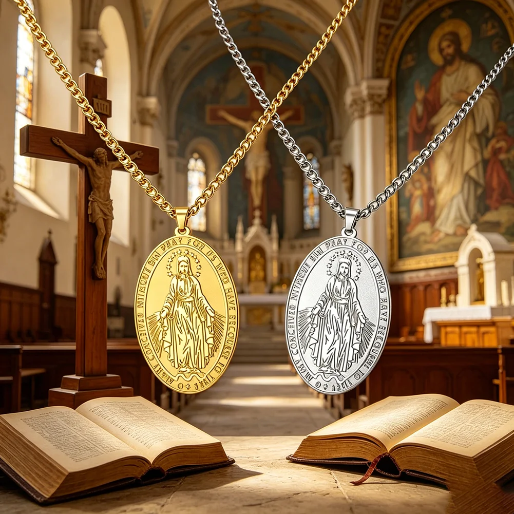 Medalla Milagrosa, Collar con Colgante de la Virgen María, Acero Inoxidable, Collares Religiosos Católicos, Amuleto Cristiano, Joyería, Regalos