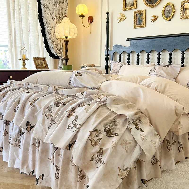 Double Layer Pleated Ruffles Butterfly Print 100% Cotton Princess Bedding Set Duvet Cover Bed Skirt Bedspread Pillowcases 4Pcs
