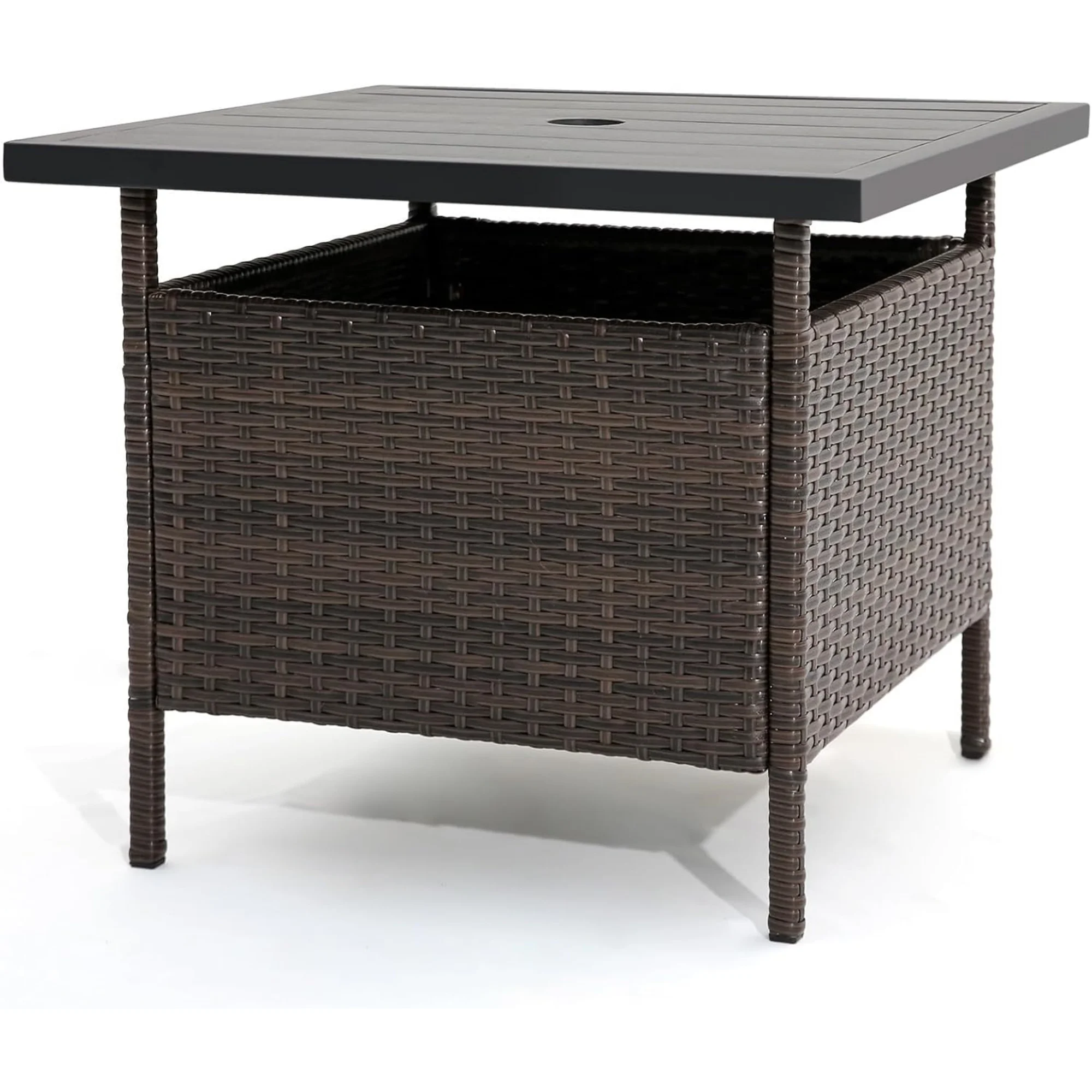Patio Table Umbrella, Outdoor Table with Umbrella Hole, Rattan Patio Side Table with Steel Umbrella Hole, HDPE Desktop & Metal Frame for Deck Garden Poolside Backyard Balcony, Mix Brown