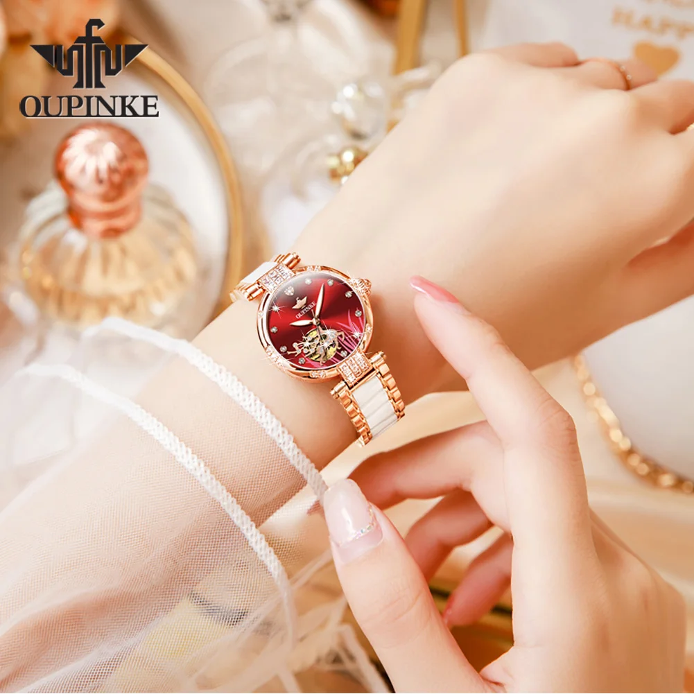 OUPINKE 3211 Hollow Out Diamond Deer Automatic Watch for Women Japan Mechanical Movement Ceramic Strap Luxury Ladies Writwatches