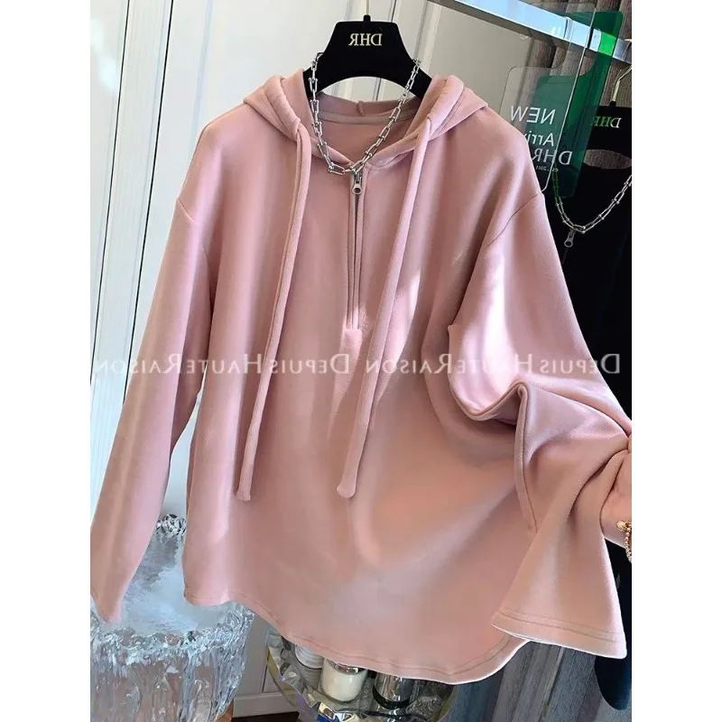 ソリッドカラーのプルオーバーフード付きスウェットシャツ、女性用、秋と冬、厚みのあるジッパー付き長袖スポーツカジュアルトップ