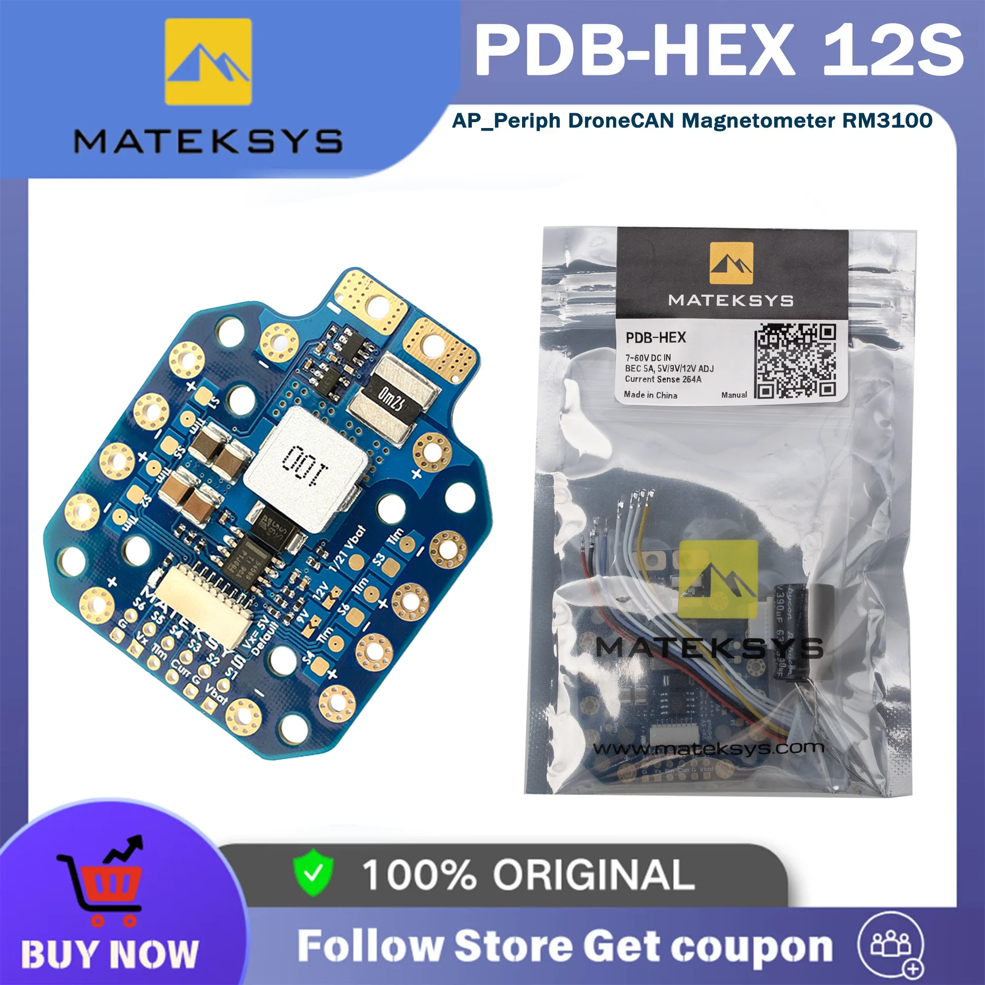 Matek PDB-HEX 12S 5A 5V/9V/12V BEC Power Distribution Board PDB 30.5X30.5mm 20X20mm for RC Multirotor X-CLASS Airplane Drones