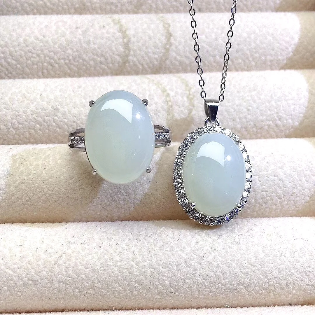 

100% Natural White Jade Ring Necklace Pendant Set for Party 12mm*16mm Real White Jade Jewelry Set 925 Silver Jade Jewelry
