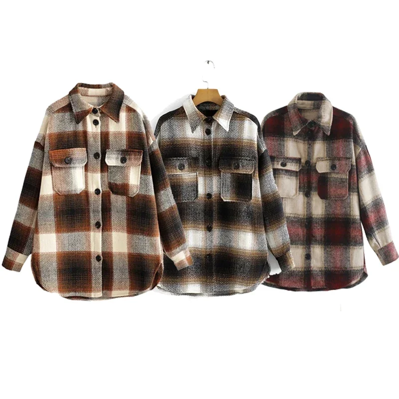 Fashion Ladies Thick Plaid Coat Female Streetwear Vintage Women 2021 Long Sleeve Woolen Coats Elegant Girls Oversize Jacket Chic