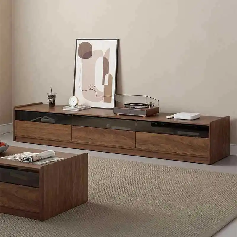 خزانة تلفزيون من خشب الجوز الأسود الاسكندنافي حديثة وبسيطة لغرفة المعيشة من الخشب الصلب والتلفزيون