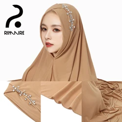 RIMAIRE-Hijab muçulmano elástico monocromático com decoração de diamante, lenço liso confortável, roupas femininas, nova moda