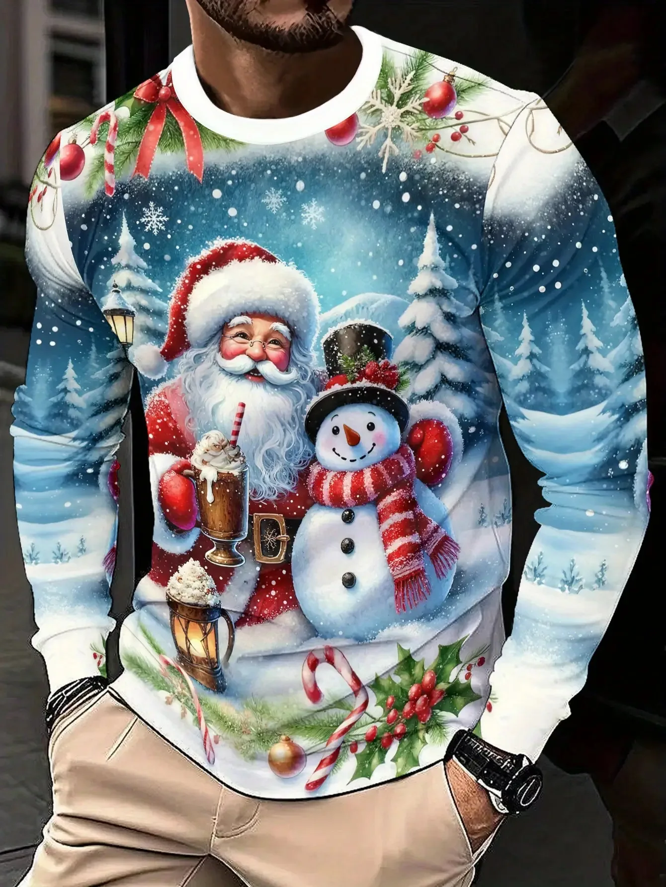 Christmas Men's 3D Santa Claus Snowman Printed Round Neck Long Sleeve T-shirt Casual Long Sleeve Top Party Loose Men's Top