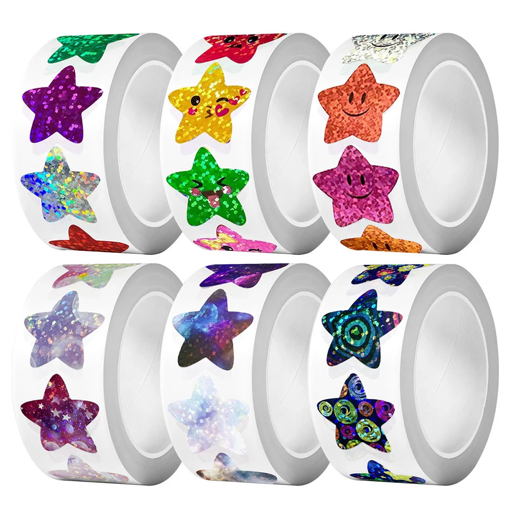 500pcs/Roll Glitter Star Smile Stickers Colorful Cartoon Decal DIY Luggage Scrapbook Laptop Cute Seal Label Reward Sticker Toy