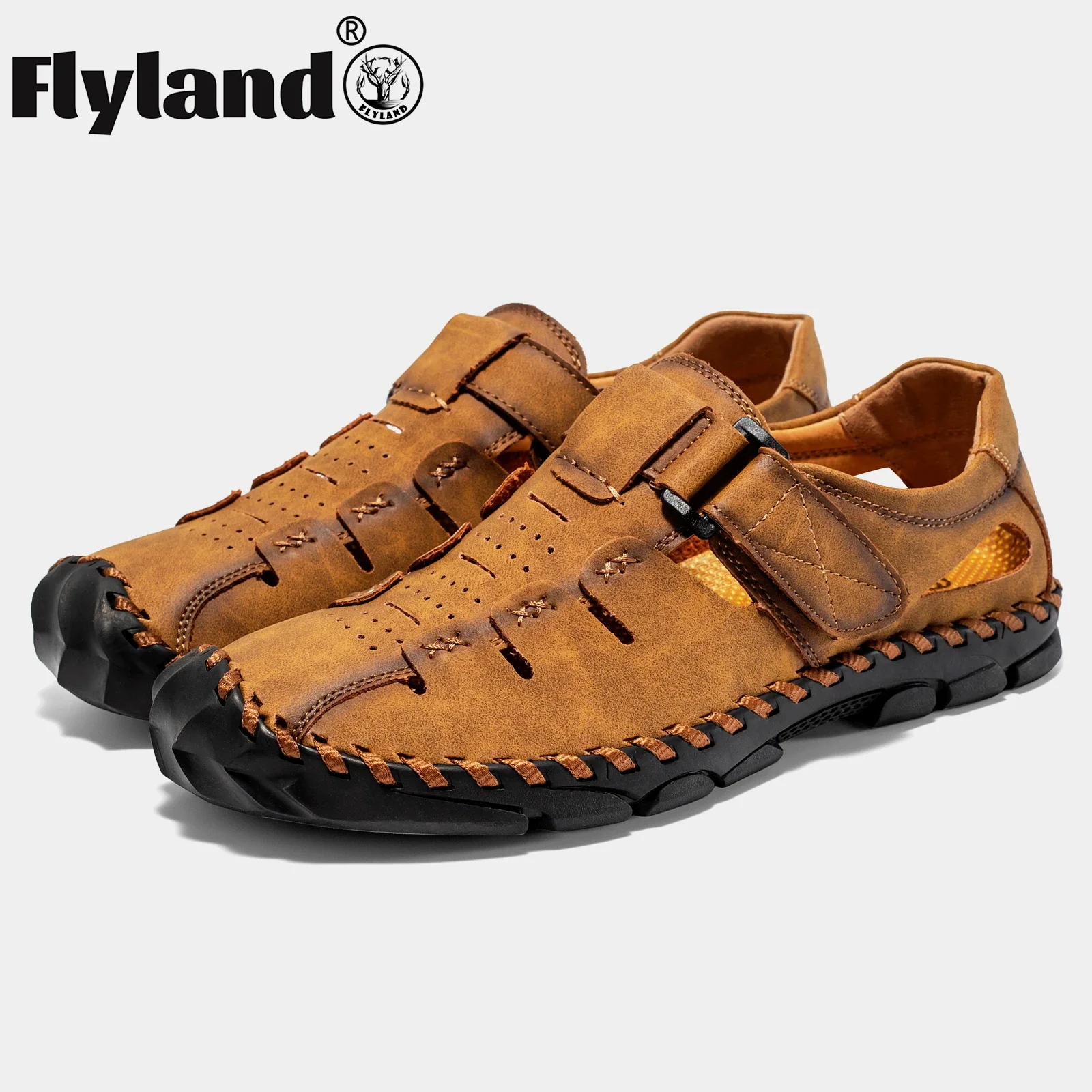 FLYLAND Genuine Leather Men Shoes Summer New Large Size Men's Sandal Retro Classic Handmade Shoes Breathable Driving Shoes