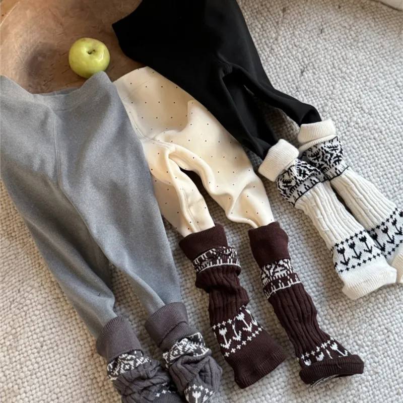 

Little Girls Winter Leggings Plus Velvet Spliced Children Babys Girls Bottoms Korean Dot Printed Plush Toddler Kids Girls Tights