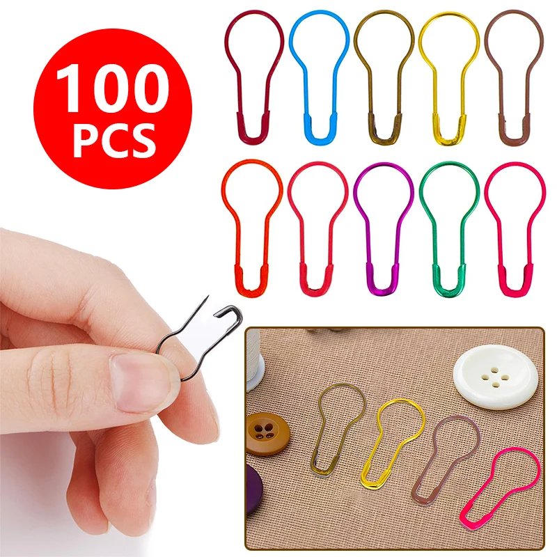 

100Pcs Colorful Knitting Crochet Cucurbit Pear Shaped Metal Safety Pin DIY Clothing Sewing Markers Crochet Tools Needle Clip