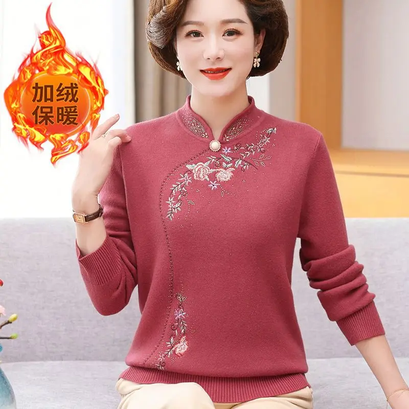 Winter Sweater Women Elegant Thicken Velvet Warm Sueter Fleece Knitted Pullover Top Middle Aged Elderly Mother Jumper Knitwear