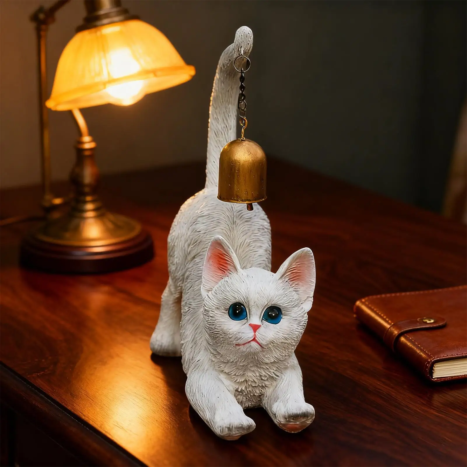 

Cat Stretching Figurine Home Decor Resin Cat Featuring Bell On Tail Animal Garden Sculpture For Yard Entryway Desk Living Room