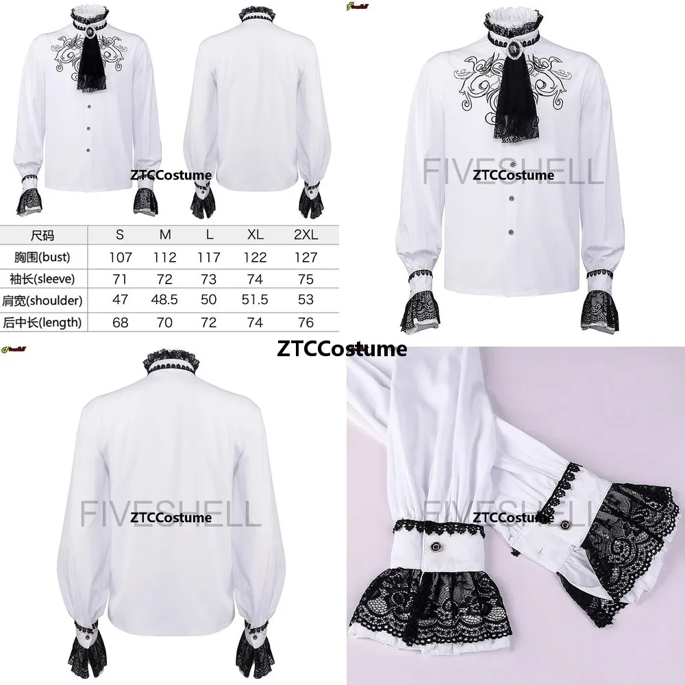 

Medieval Renaissance Shirt White Vintage Cosplay Costume Embroidered Lace Noble Gentleman Tops