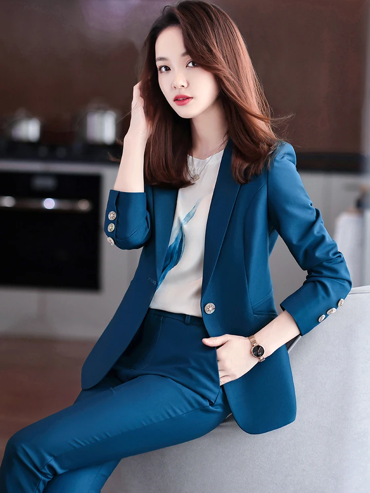 Women Blue Navy Black Formal Blazer Pant Suit Female Solid Jacket and Trouser 2 Piece Set For Office Ladies Winter Work Wear