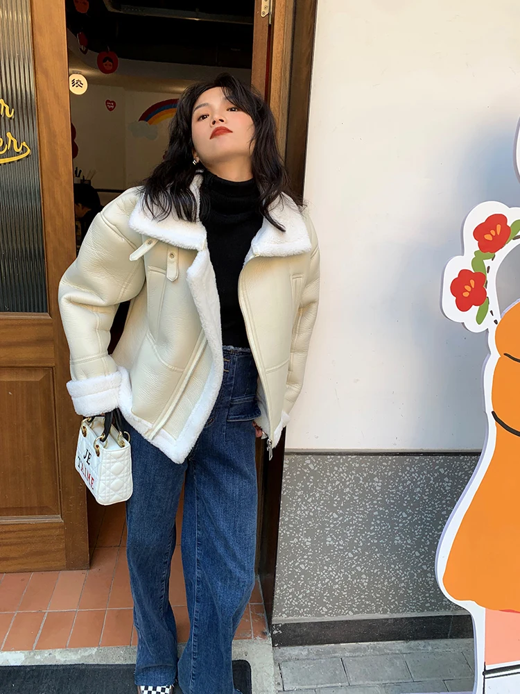Lagoujian ort Thiened PU Leather Jaet Lamb Fur Lined Winter Coat Zipper Closure Long Sve Slim Fit Sle Faionable