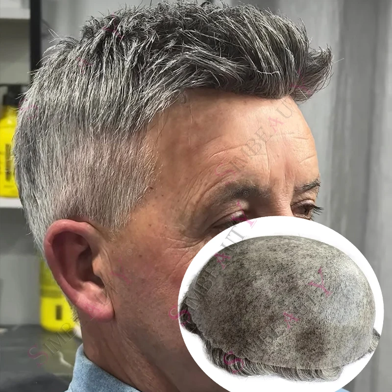 

Undetectable #1B65 Grey Durable Old Men's Wigs Human Hair Men Toupee Natural Hairline Thin Skin Capillary Prosthesis Male Wigs