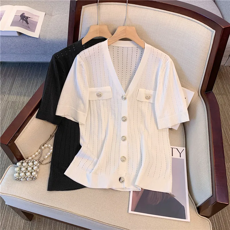 Stylish Vintage Knit Sweater Women Gold Buttons Cardigans Tops 2024 Summer Short Sleeve O-neck Elegant Fashion Chic Knitwear