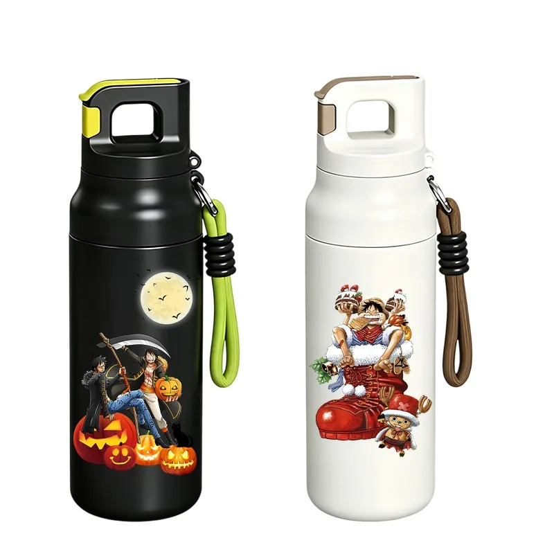 One Piece Stainless Steel Insulated Water Bottle Portable Travel Cup with Lanyard Anime Character Thermos Flask Halloween Gift