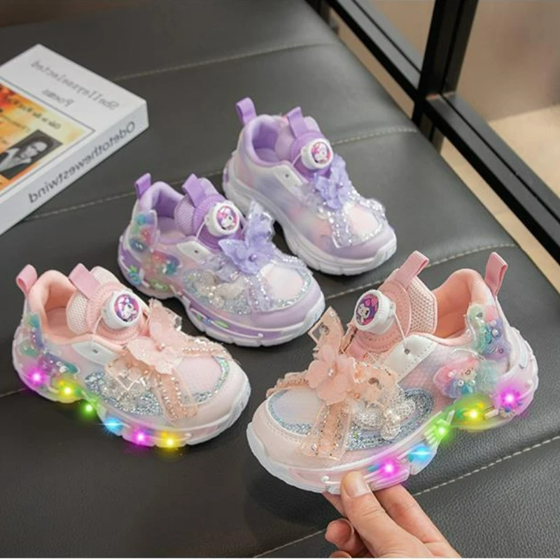 

Kids'Casual Shoes Led Light Kuromi PU Leather Spring Outdoor Sports Shoes For Girls Breathable Anti-slip Purple Pink Size 26-36