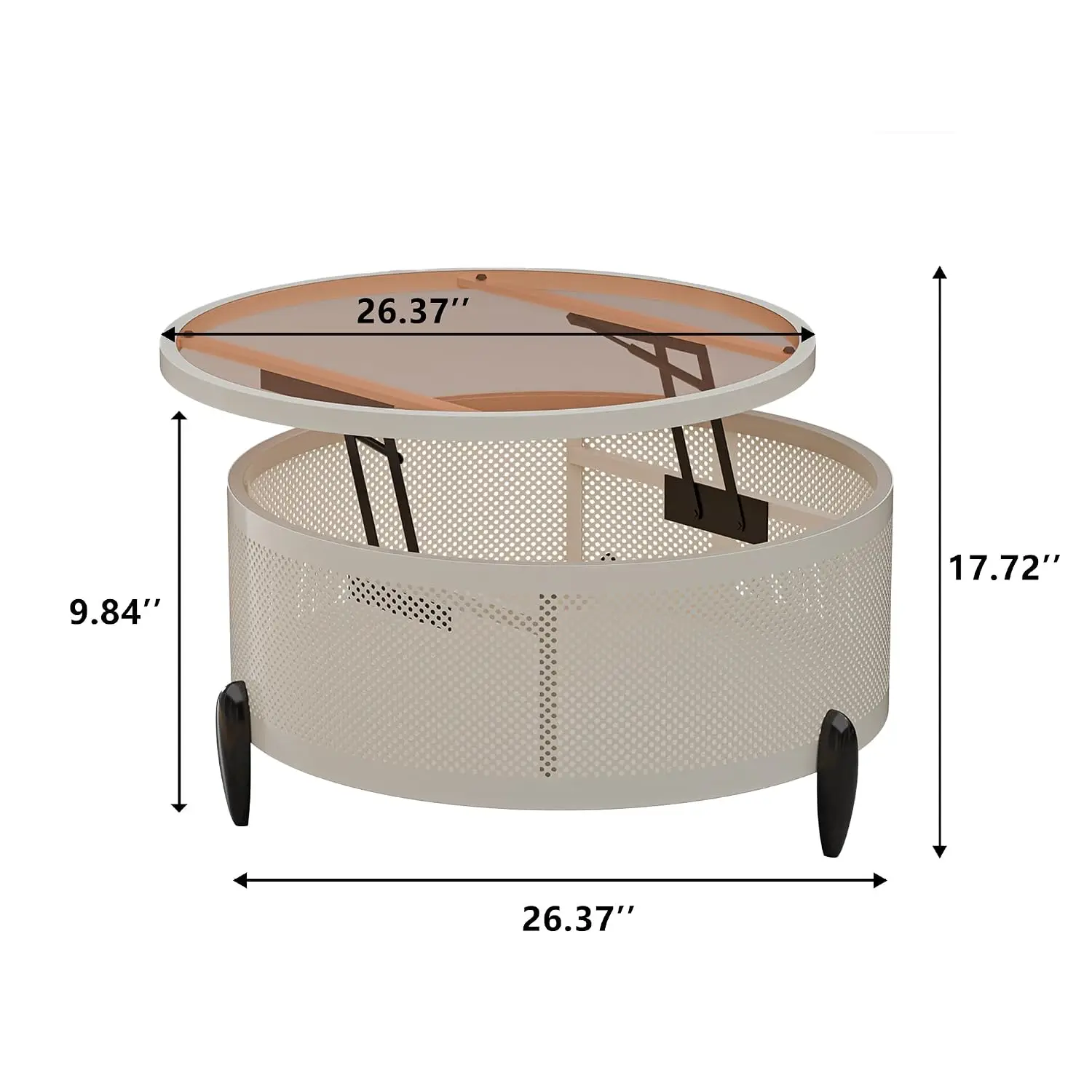 Round Lift-Top Coffee Table with Storage & Tempered Glass Top, Metal Mesh Frame Patio Furniture, Customized