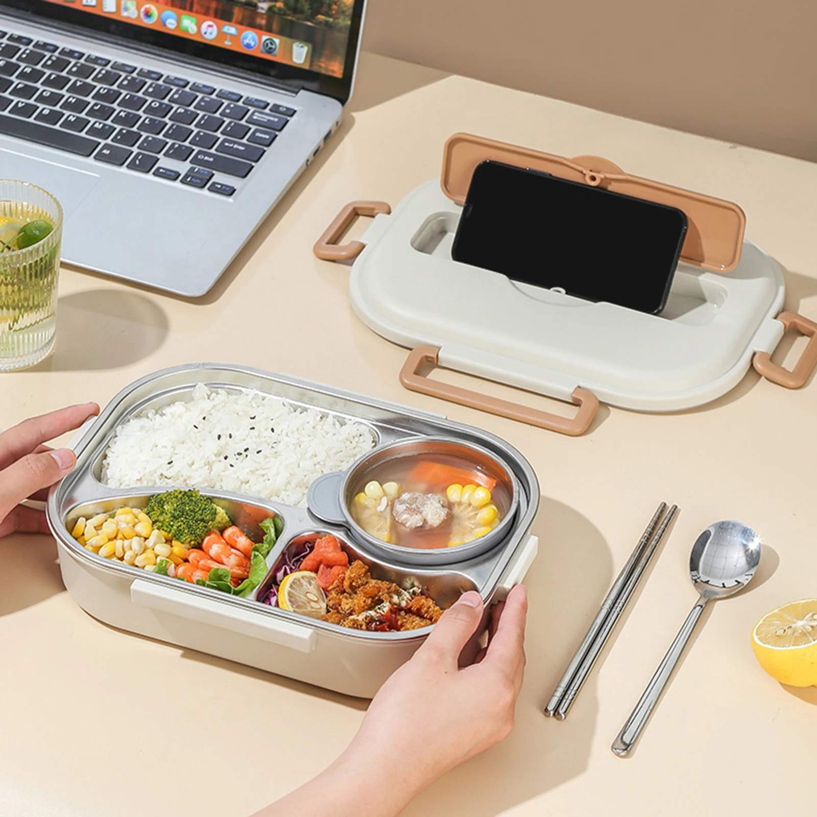 1 L Portable Double Couche en acier Inoxydable Hot Food Box, Boîte à Lunch Isolée Pour Enfants et Adultes, Boîte à Lunch Ronde étanche Sous Vide en Acier Inoxydable Pour école, Bureau