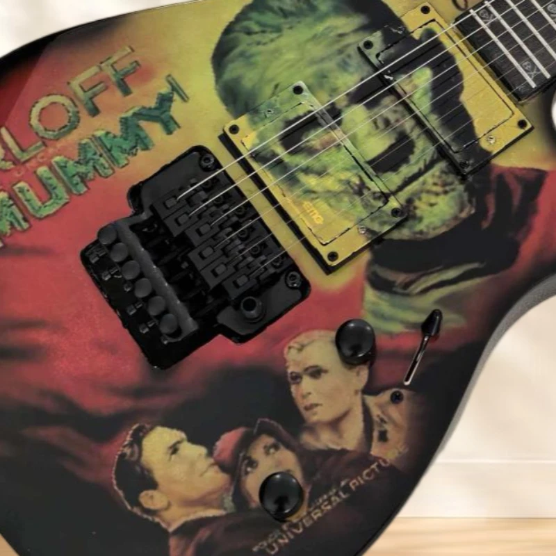 Double Cutaway Electric Guitar Floyd Rose Trem Mummy Horror Theme Collector's Piece Full-Body Printed Graphic Free Shipping
