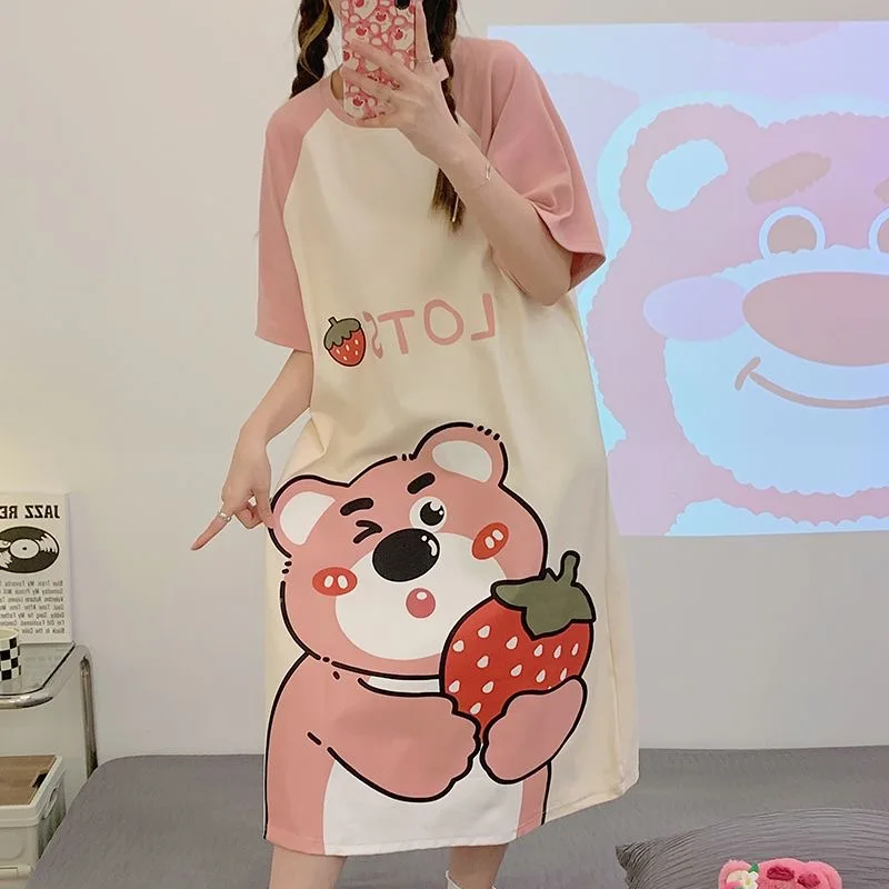 2024 Summer New Sanrio Kulomi3D Printed Cartoon Pattern Girl Shoulder Short Sleeve Dress KID/Adults Cute Loose Casual Pajamas